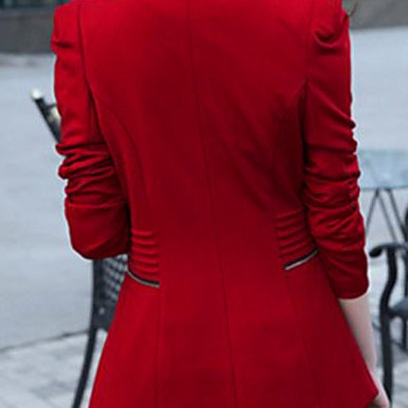Slim Fit Candy Red Zipper Jacket Blazer Long - Picture 7 of 12
